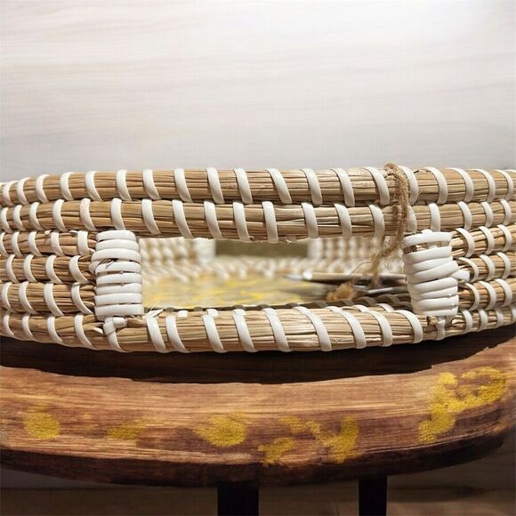 Halinh Rattan & Bamboo Seagrass Round Tray Nacre Base Handmade in Vietnam NWT - Picture 6 of 9